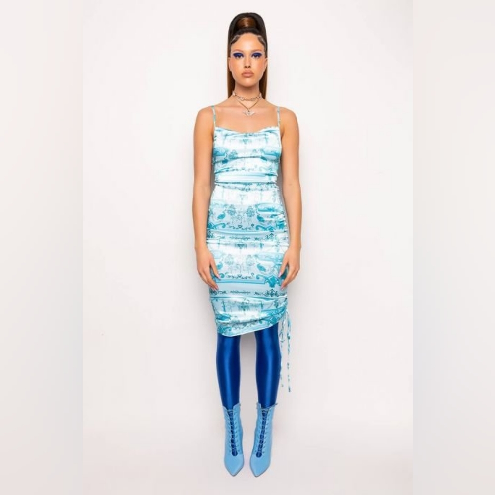 NWT Multi Blue and White Satin Stretch Midi Dress Size Large